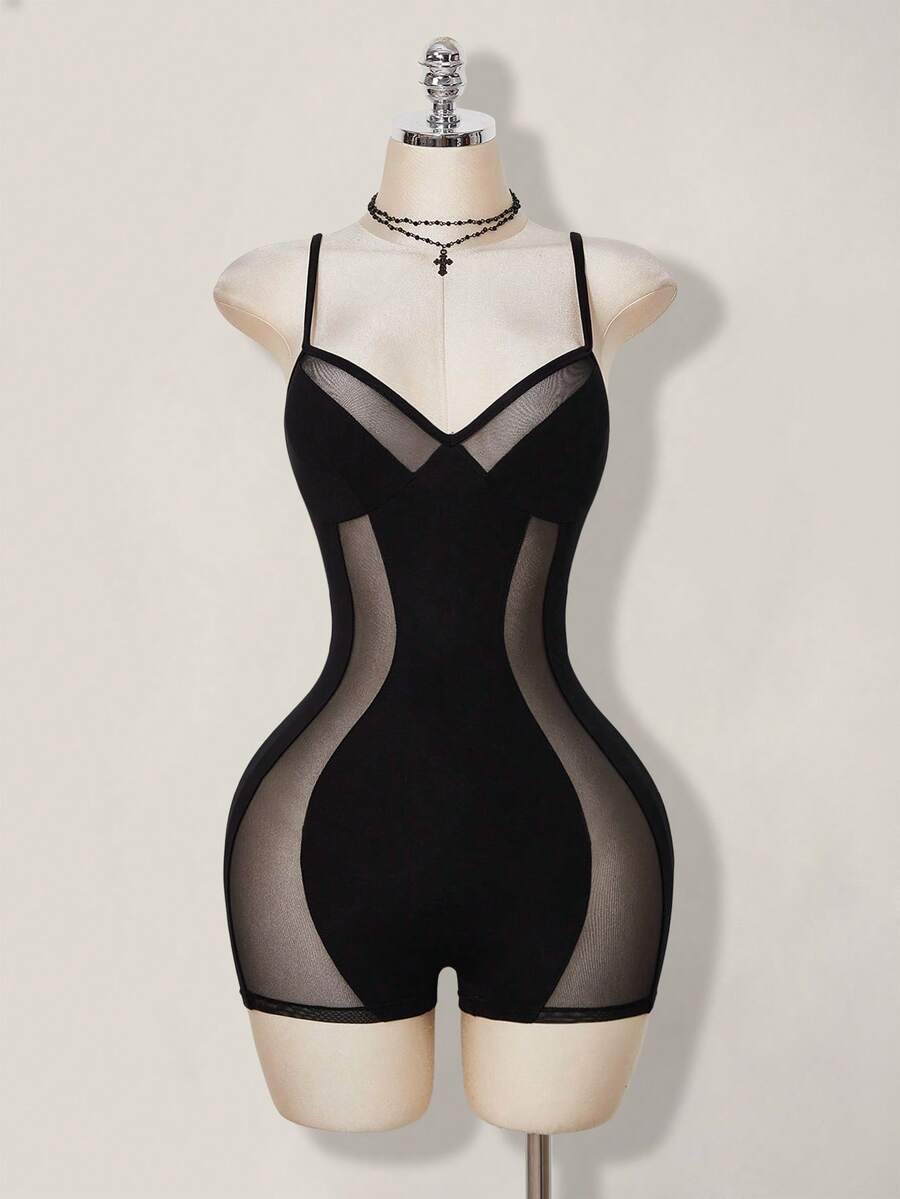 SHEIN ICON Bộ jumpsuit hai dây gợi cảm phối lưới chắp vá - màu đen - Xem 1