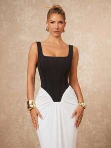 Lumalex Đầm midi thanh lịch, gợi cảm dành cho nữ mùa Xuân/Hè, phối màu đen trắng, kiểu dáng patchwork, cổ yếm, dây mảnh, thắt nơ ở eo, xếp ly ở gấu đầm, ôm sát eo, dáng đuôi cá, thích hợp cho việc đi làm hàng ngày. - Đen và trắng - Xem 8