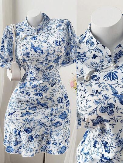 Sweetra Plus Size Women Vacation Style Blue Floral Print Cheongsam Dress