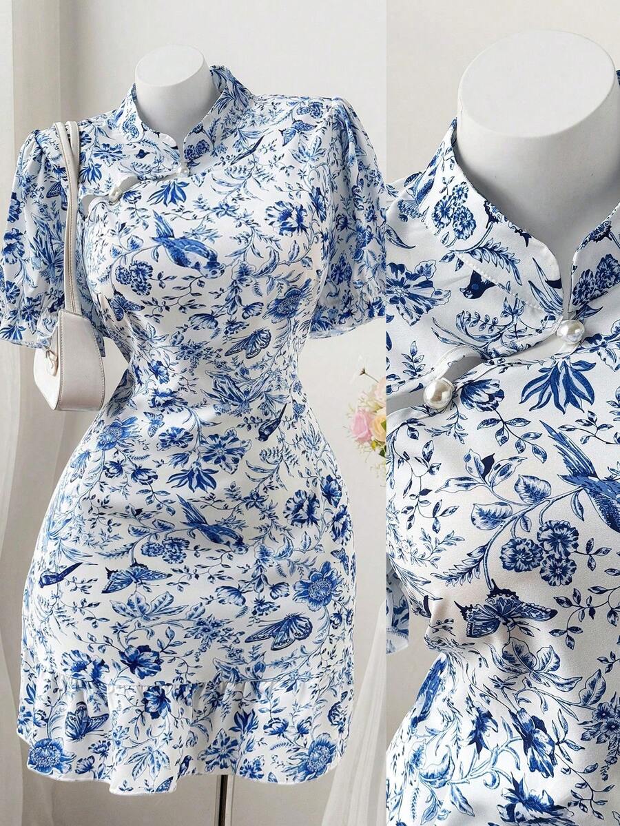 Flirla Damen Große Größen Urlaubsstil blaues Blume Muster Cheongsam Kleid - Verschiedenfarbig - Übersicht 1