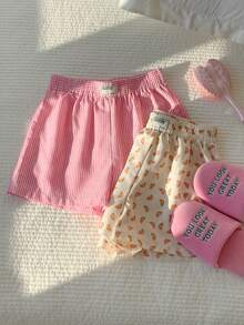 SHEIN CovetEZ 2 Pcs Women's Elastic Waist Striped Print Patch Casual Versatile Shorts Sleepwear Shorts Croissant Print Shorts Striped Shorts Pajama Shorts Cute Shorts Comfortable And Sweet Shorts For Casual Wear At Home; Loose Fit; Stylish And Versatile. - Multicolor - View 3