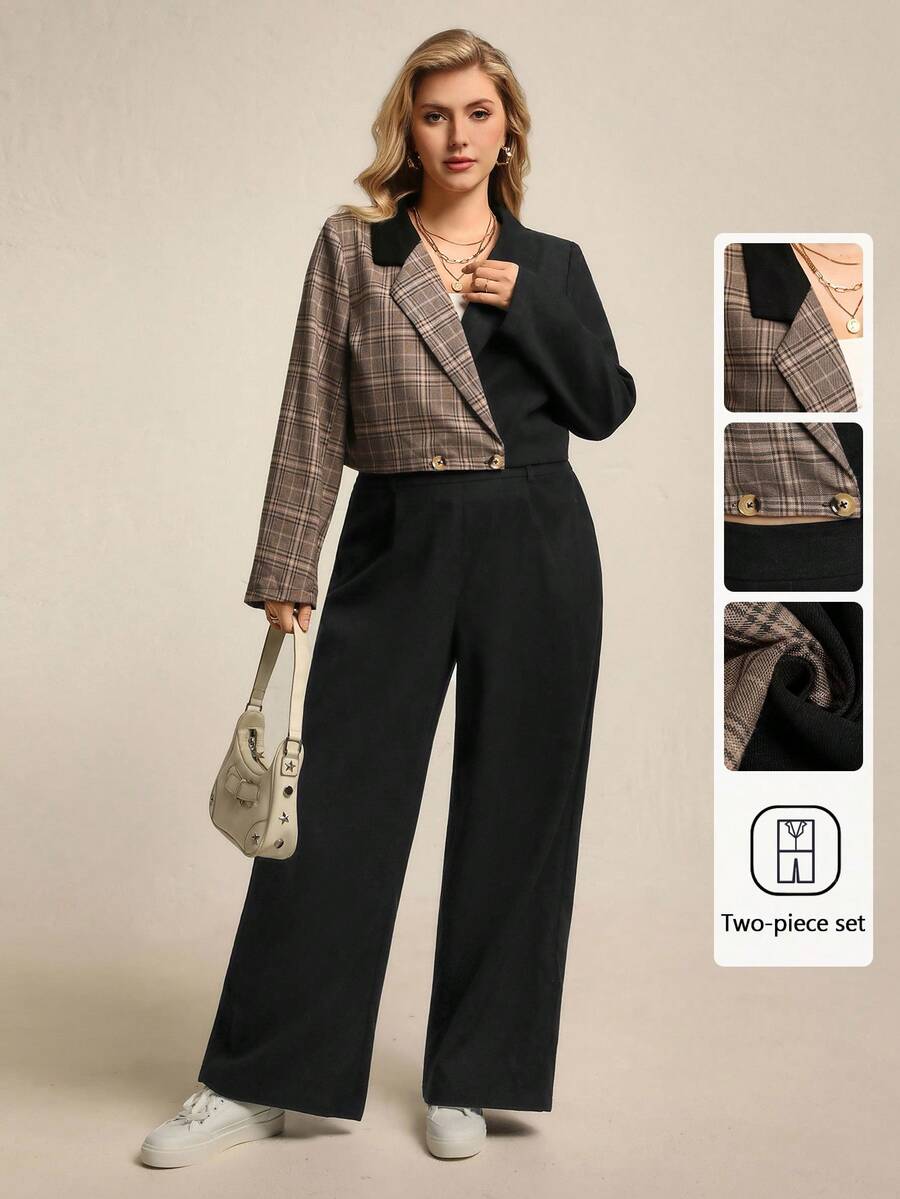Juhart Plus Size Women's Fashion Contrast Plaid Print Suit Set - Black - View 1
