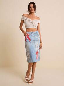 LOTSLUV Women's Spring/Summer Denim Print Diamond Necklace & Bow Print Denim Mini Skirt - Blue - View 5