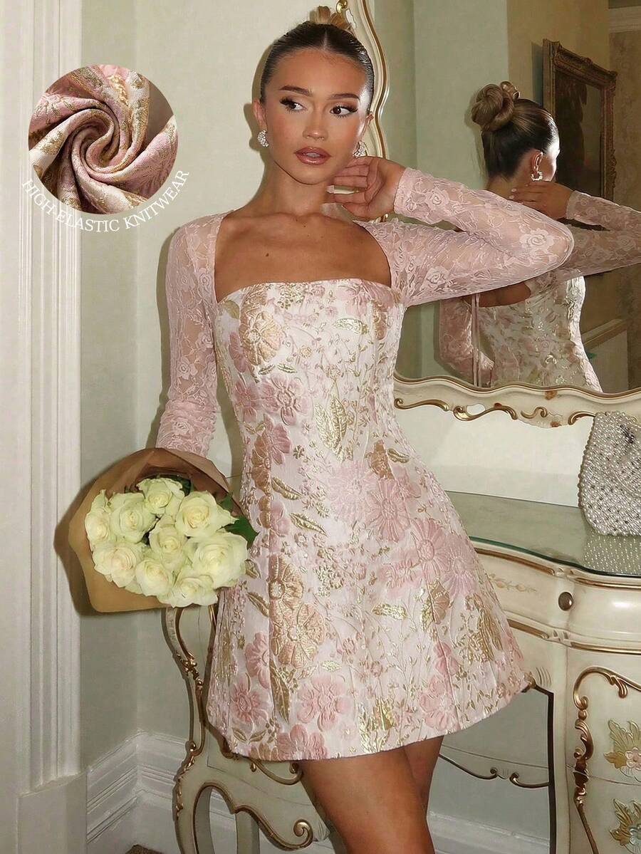 Glamine Charm Đầm nữ màu hồng, chất liệu vải jacquard họa tiết hoa, lót ren, cổ bẻ, eo thon, thanh lịch, thích hợp cho các bữa tiệc hoặc các dịp đặc biệt. - Hồng - Xem 1