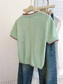 SHEIN LUNE French Retro Loose Round Neck Short Sleeve Colorblock Knit Top For Women,Mint Green,Summer,Casual,School Cute Sweater Light Green Elegant Blouse - Green - View 2