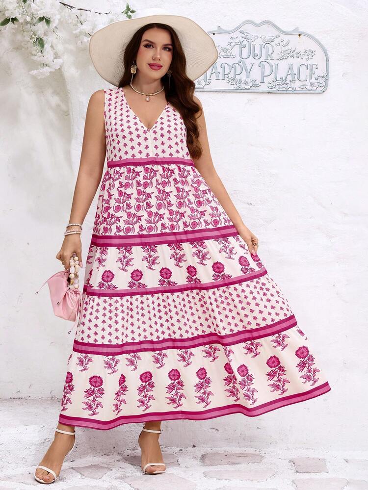 Plus Size Women's Summer Casual Vacation Country  Elegant Pink Floral Print V-Neck Sleeveless Dress,Summer Vacation,Casual Holiday Style,Summer Outfits For Women ,Vacation Outfits Women ,Holiday Outfits For Women,Going Out Outfits,New Clothes,Simple And Fashionable For Everyday Wear,Suitable For Summer, Vacation, Daily Wear, Festival Outfits For Women,Country Concert Outfit,Beach Outfits For Women,Western Style,Flowy Dress,Gifts For Mother,Boho Dress