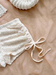 Soleia 女士复古度假风V领露背系带修身撞色上衣搭配低腰褶皱抽绳短裤两件套，适合派对、圣诞节、约会、夜店、海滩、邮轮、下午茶、波西米亚风、度假、秋季等场合。 - 杏色 - 查看 9