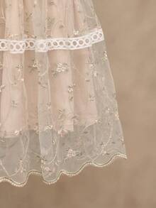 Young Girl Elegant Floral Print Mesh Short Sleeve Dress - Apricot - View 4