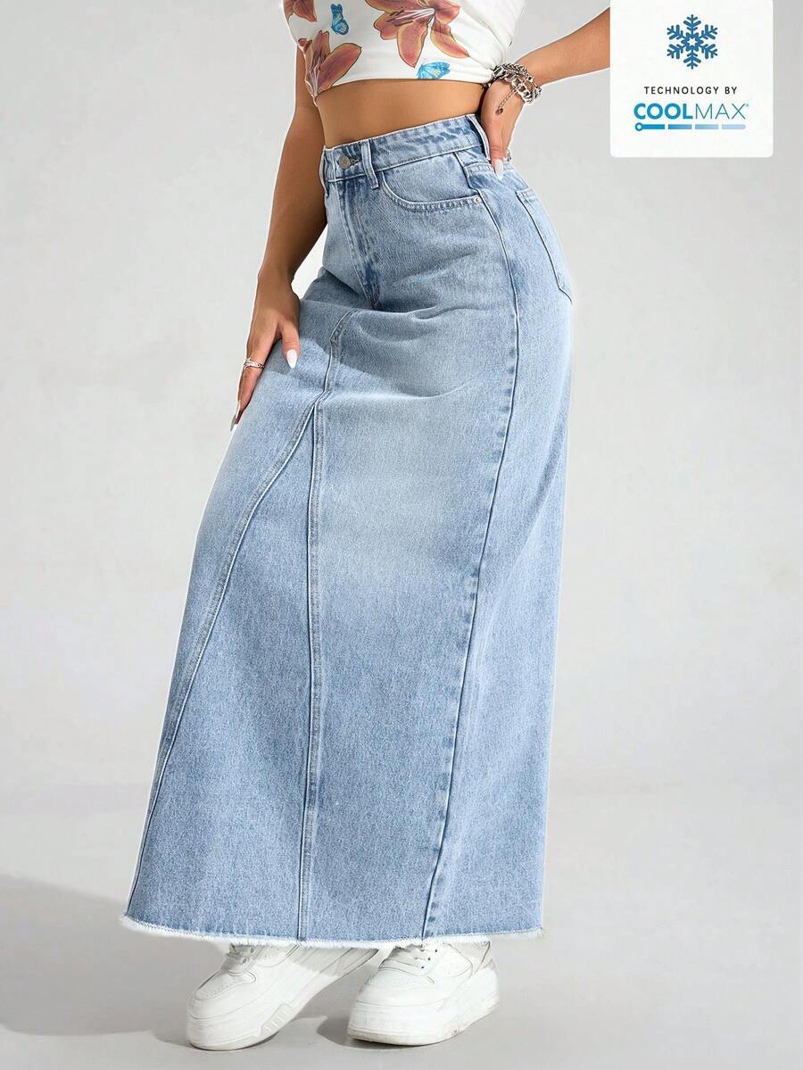 SHEIN Unity 女士高腰带口袋毛边长款休闲牛仔裙 - 淺色水洗藍 - 查看 1