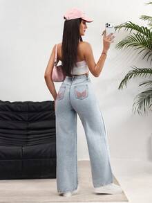 Rivivi 女士高腰阔腿宽松休闲百搭牛仔裤，带翅膀刺绣 - 淺色水洗藍 - 查看 1