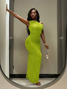Slaydiva 2025 Autumn/Winter New Year, Valentine's Day, Party, Banquet, Date, Birthday Party, College Style, Student Wear, Daily Outing, Basic Versatile, Casual, Cruise Travel, Viral Hit, Elegant, Commute, Business Casual, Elegant Romantic Sexy Party, Sexy, Asymmetrical Shoulder Sleeveless Bodycon Midi Dress, Brown Textured Vertical Stripe Fabric, Extra Long Party Dress, Autumn/Winter Women Dress,Summer Dresses For Women - Green - View 6