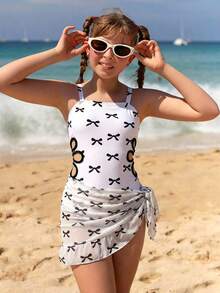 SHEIN Conjunto de traje de baño para niñas preadolescentes, de tela de punto blanca con lazo lindo, estilo elegante y casual, adecuado para nadar, vacaciones de verano, playa, piscina, fiesta de vacaciones - Multicolor - Ver 6