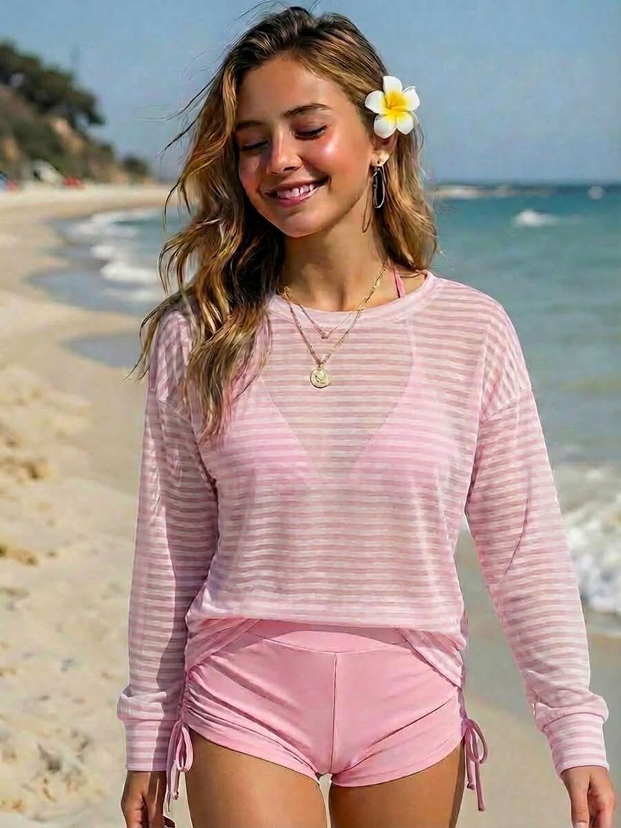 SHEIN Vestido de playa informal y holgado a rayas para niñas preadolescentes - Rosa Pálido - Ver 1