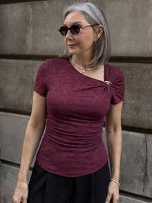 DAZY Women's Elegant Floral Asymmetric T-Shirt, Summer - Purple - View 2