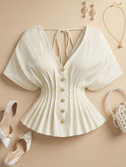 Franclia Plus Size Elegant V-Neck Blouse, Minimalist Fashion, Waist Cinching, Slimming