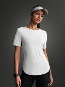 Powerista Camiseta deportiva casual de unicolor con abertura lateral y manga corta para mujer - Blanco - Ver 15
