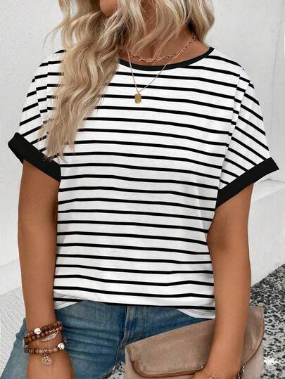 EMERY ROSE Women's Spring/Summer New Round Neck Short Sleeve Striped Print Casual Versatile Plus Size T-Shirt
