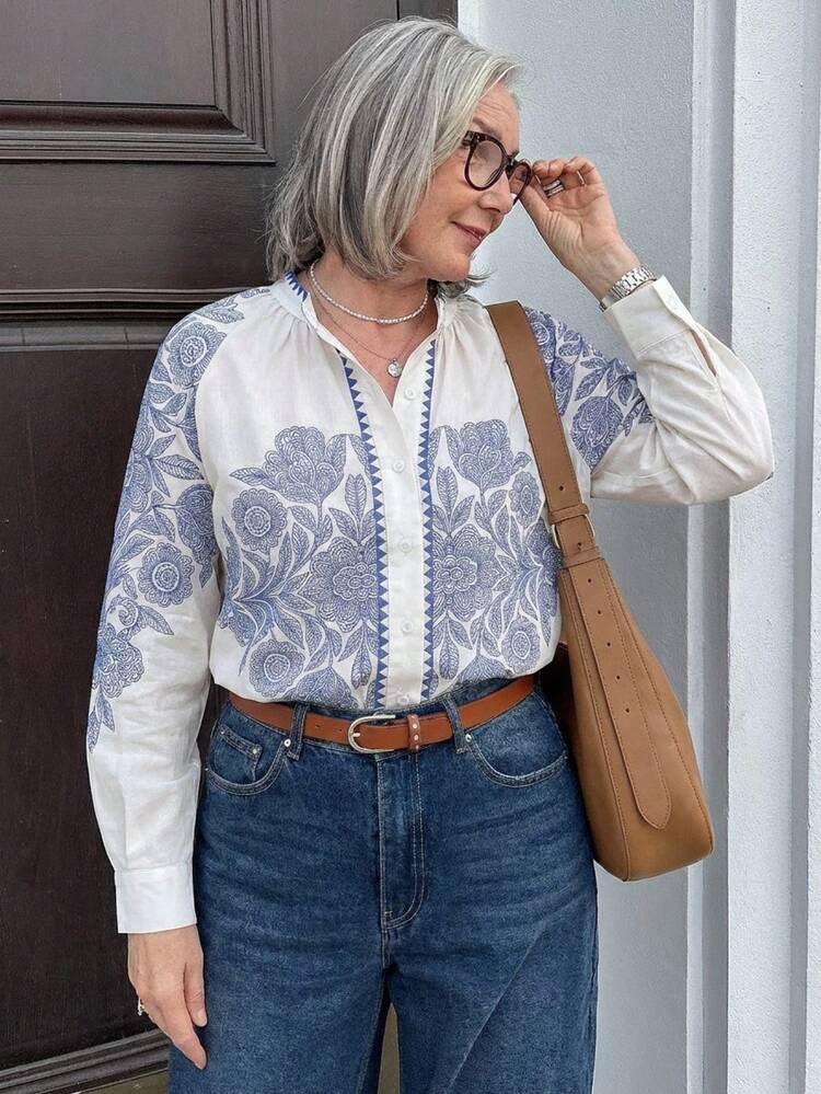 Women's Floral Print Raglan Sleeve Single-Breasted Shirt, Vacation Wear Boho