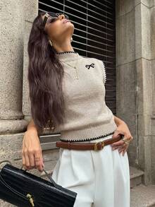 Firerie 女士优雅高领无袖针织背心 - 蝴蝶结和贝壳刺绣，宽松休闲百搭上衣，适合春夏约会、婚礼、派对、海滩度假和节日活动 - 白色 - 查看 9