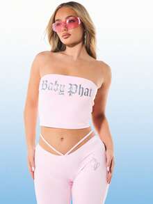 BABYPHAT Strapless Bandeau Tube Top With Gothic Text Print Crop Length Summer Fashion Top - Pink - View 1