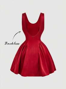 SHEIN MOD 女士红色缎面垂褶领露背连衣裙 - 紅色 - 查看 6