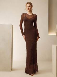 Anewsta 女士优雅高弹蕾丝吊带连衣裙 - 咖啡棕 - 查看 3