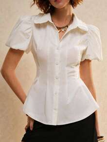 Poéselle 女士纯色前开襟纽扣优雅短袖衬衫，春夏款 - 白色 - 查看 3