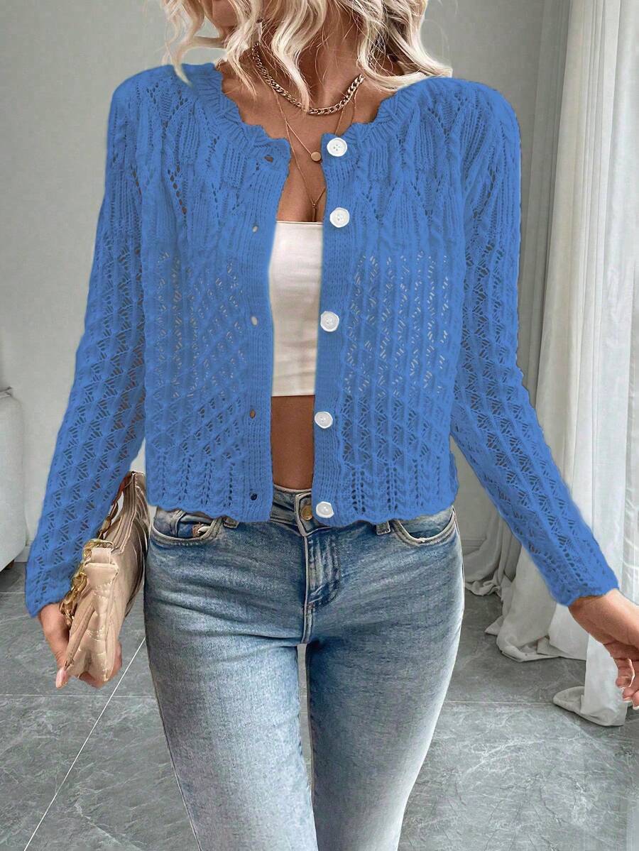 EMERY ROSE Women's Round Neck Hollow Front Button Cardigan, Autumn/Winter Knitted Sweater Jacket - Blue - View 1