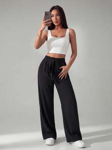 SHEIN PETITE 純色高腰扣帶寬腿褲 - 黑色 - 查看 4