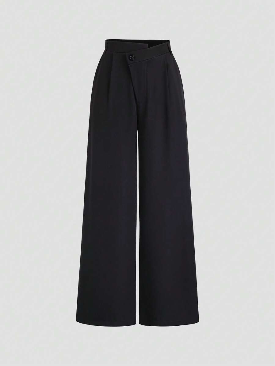 Sweetra Women's New Elegant Fashion Commuter Asymmetrical Pleated Pocket Straight Leg Black Pants - Black - View 1