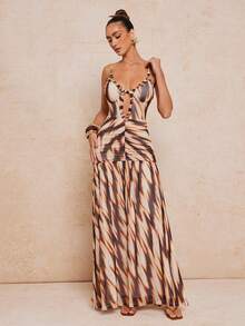 Lumalex 女士撞色镂空褶皱腰身优雅长吊带连衣裙，适合派对穿着 - 咖啡 - 查看 11