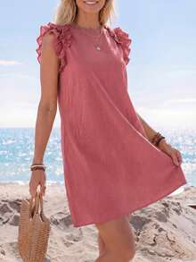 Sylviya Vacation Woven Solid Color Ruffle Trim Bodycon Mini Dress For Women,Pink Dress - Pink - View 5