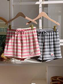 Comfortcana Quần short nữ kẻ sọc phối họa tiết, cạp chun, kiểu dáng thường ngày đa năng, có dây rút. - Nhiều màu - Xem 6