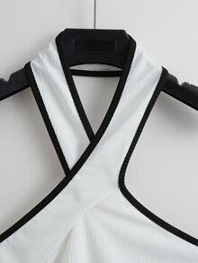 Franclia 优雅百搭黑白拼接高领高弹罗纹针织女式背心 - 黑與白 - 查看 5