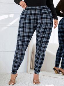 SHEIN Essnce 大码女式格子弹力紧身打底裤 - 灰色 - 查看 5