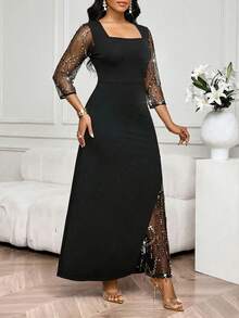 SHEIN Lady Vestido elegante de manga 3/4 para mujer talla grande con cuello cuadrado, parches de lentejuelas y flecos de malla - Negro - Ver 6
