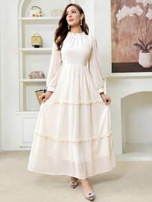 Graceveil Đầm dài kiểu Pháp cổ cao, vạt bèo nhún dành cho nữ - Màu be - Xem 3