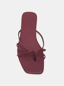 大码女式方头纯色细带人字拖平底凉鞋，酒红色，2025 年夏季新款音乐节假日风格时尚百搭休闲沙滩拖鞋，适合比基尼性感韩式室内防滑轻便舒适家居拖鞋 - 酒紅色 - 查看 9