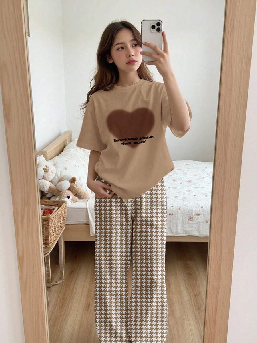 少女休闲宽松简约爱心图案圆领短袖长裤睡衣套装,适合春夏穿着 - 彩色 - 查看 1