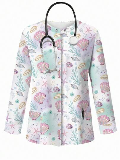 PopScrub Colorful Shell, Starfish, Coral Cartoon Print Scrub Jacket, Spring/Summer Fashion Cardigan With Hanging Earrings Design For Women Nurse Uniform Top, Uniform Jacket, Suitable For Beach Vacation And Daily Wear