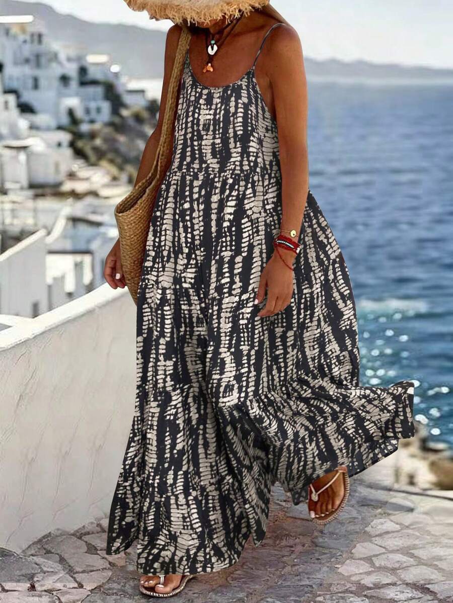 假日休闲随机印花吊带长裙女装 - 黑色 - 查看 1