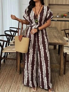Weeklong Jumpsuit Wanita Leher V dengan Motif Simpul Putar, Jumpsuit Kasual untuk Liburan & Sehari-hari, Musim Semi/Panas - MultiWarna - View 1
