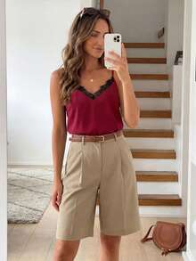 SHEIN LUNE Elegant Contrast Color Lace Patchwork Camisole For Summer Women Casual Outfits Camisole Tops For Women Tops For Women Summer Cute Women S Summer Outfits Womens Tops For Summer - Burgundy - View 9