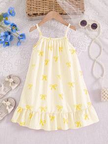 SHEIN 女童梭织面料蝴蝶结条纹数码印花拼接荷叶边吊带连衣裙，适合夏季日常穿着、外出、旅行、度假、派对等场合。 - 彩色 - 查看 3