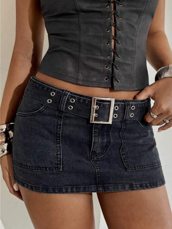 Aloruh Ladies, Retro Punk-Style Buckles, D-Shaped Buttons. Suitable For Parties, Outings, Gatherings, Commuting, Dating, An Elegant Washed-Black Bamboo-Striped Low-Waist Sexy Denim Mini Skirt (For Women)