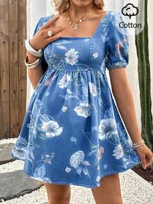 SHEIN 孕妇蓝色牛仔泡泡袖短裙，春夏嘉年华服装，通勤度假毕业时尚Y2K可爱街头风派对婚礼优雅商务休闲女式碎花牛仔连衣裙，方领泡泡袖迷你夏季碎花牛仔连衣裙，清新碎花连衣裙，休闲度假连衣裙，浪漫法式连衣裙，舒适日常连衣裙，蓝色甜美法式风格 - 藍色 - 查看 8