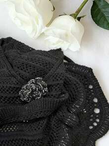 Elamini Áo len nữ thời trang, gợi cảm, đa năng màu đen viền bạc, kiểu yếm buộc dây, cổ khoét sâu, bèo nhún, họa tiết hoa 3D, màu đen vàng bạc, thích hợp cho mùa hè. - màu đen - Xem 4