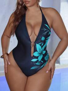 Swim SXY 大码女士新款连体泳衣，优雅数码定位印花，性感深V领，高端金属配饰，可拆卸衬垫胸罩，颈肩带，丁字裤底设计，休闲时尚海滩度假泳装 - 彩色 - 查看 1