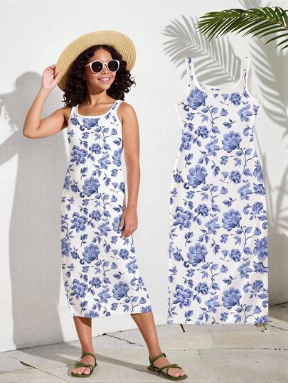 Girls' Purple Floral Print Sleeveless Dress, Suitable For Outings, Vacations, Spring, Summer, Autumn Daily Wear, Comfortable And Versatile