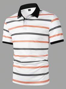 Manfinity Mode Camisa polo de hombre con estampado de rayas y cuello, adecuada para el hogar, salidas y uso en la oficina - Naranja - Ver 5